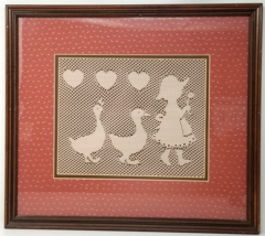 Rustic Farmhouse Ducks Chasing Girl Cross-Stitch Artwork Heart Clouds Framed Vtg - £30.22 GBP