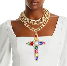 Jumbo Multi Color Crystal Cross Chunky Gold Plated Double Layer Necklace Set - £58.53 GBP