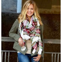White Red Plaid Blanket Scarf - $21.78