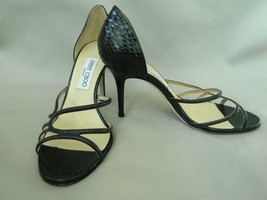 Jimmy Choo Strappy Heels D&#39;Orsay Pump Black Glitter Snake Sandals 39.5 - £105.75 GBP