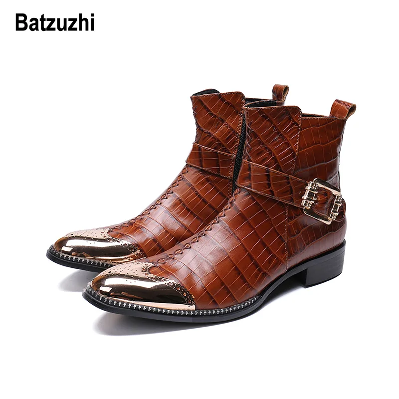 Batzuzhi Handsome Winter Boots Men Rome Brown Leather Men Boots Short  Tip boy M - £211.06 GBP