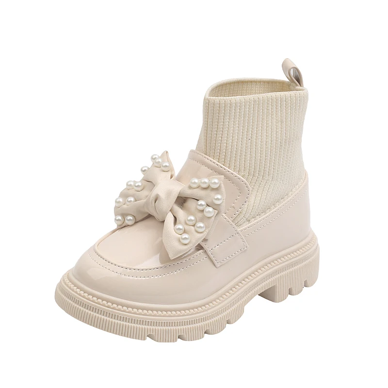 Kids Slip-on Shoes Girl Knit Ankle Patent Leather Boots  2024 Child School Unifo - £162.61 GBP