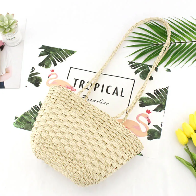 New solid color retro straw bag shoulder woven bag casual handbag beach bag - £22.27 GBP