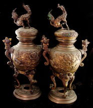 PAIR large 17&quot; Antique Chinese Foo Dog Dragon Incense Burners - Asian bronze bra - £1,930.26 GBP