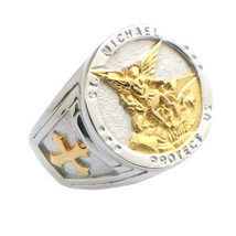 Unisex Saint Michael Protect Us 316L Stainless Steel Cross Newest Golden Ring - £9.17 GBP