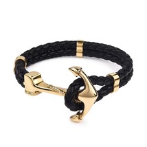 Jiayiqi Punk Gold Silver Color Anchor Clasp Black Braid Genuine Leather Bracelet - £13.06 GBP