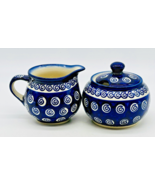 Boleslawiec Polish Pottery Creamer Covered Sugar Bowl Cobalt Blue Swirl - $37.39