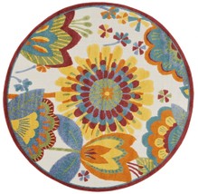 5&#39; Round Yellow And Ivory Round Floral Indoor Outdoor Area Rug - £137.28 GBP