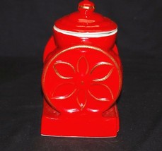 Old Vintage Ceramic Coffee Cookie Jar Canister Antique Grinder Red w Gol... - $49.49