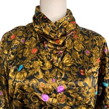 Vintage 80s Baroque Button Up Shirt M Black Gold Silky High Neck Long Sleeves - £25.65 GBP