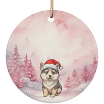 Funny Siberian Husky Dog Pink Winter Forest Ornament Ceramic Christmas Gift - £11.83 GBP