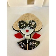 New Vintage 1960&#39;s Woman with Round Sunglasses Red Earrings Brooch Pin - £11.67 GBP
