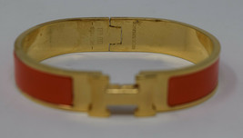 Hermes Click H Logo Gold Plate Orange Enamel Bangle Bracelet 2 x 2 1/2 - $407.88