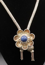 925 Silver - Vintage Carved Sodalite Flower &amp; Wheat Chain Necklace - NE3910 - $301.19