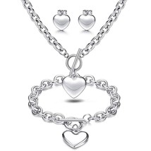 Fashion Women Love Jewelry Set With Heart Pendant Necklace Toggle Rolo O Chain B - £18.31 GBP