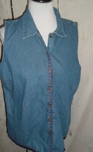 Vintage Denim Top CASCADE BLUES Sleeveless Button Front Embroidered Blouse L - £13.94 GBP