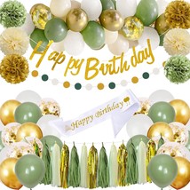  Green Birthday Party Decorations with Happy Birthday Banner Gold Fringe... - £26.95 GBP