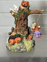 Witch on a Swing  Resin Haunted Tree Ghost Pumpkins cat Halloween Scene - $15.25