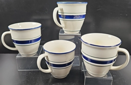 (4) Tienshan Country Blue Crock Mugs Set Green Bands Stoneware Coffee Cups Lot - £39.45 GBP