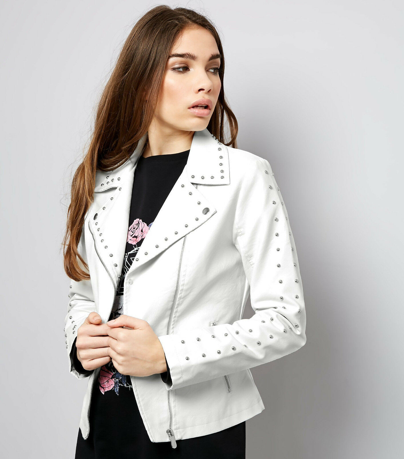 Women White Color Slim Fit Handmade Genuine Leather Silver Studded Biker Jacket