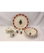 Folk Craft Holiday Chop Plate Serv Bowl Cream Sugar Salt Pepper Christma... - $769.61 MXN
