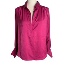 Banana Republic Silky Pullover Blouse M Fuchsia V Neck Long Sleeves Collared - £18.52 GBP