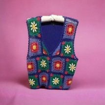 Carole Little Vintage Granny Square Knit Vest Women&#39;s Size XL Blue Red Green 90s - £26.90 GBP