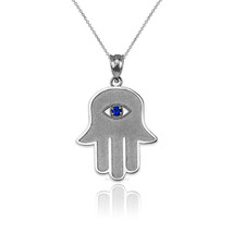 10K White Gold Hamsa Blue CZ Evil Eye Pendant Necklace - £120.03 GBP+