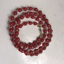 Vintage Monet Signed Red And Gold Tone Bead Necklace 19 Inch - £8.28 GBP