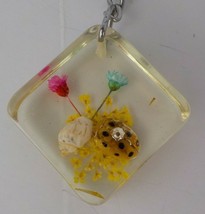 Botanical Keychain Blue Pink Yellow Flowers Seashell Ladybug Clear Square - £7.98 GBP