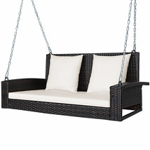 Patiojoy Patio 2-Person Rattan Hanging Porch Swing Bench Chair Cushion Beige - £176.86 GBP