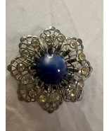 Czech Filigree Silver tone Brooch Blue Glass Cabachon Rhinestones Vintage - €28,00 EUR