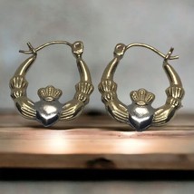 10k Yellow &amp; White Gold Claddagh Hollow Hoop Earrings - £74.20 GBP