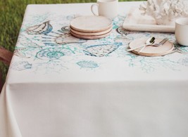 Printed Textured Fabric Tablecloth, 60&quot; Round, NAUTICAL, SEALIFE, OCEANS... - £23.65 GBP