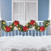 9-Ft Solar Lighted Christmas Poinsettia Garland Outdoor Holiday Porch Ya... - €32,92 EUR