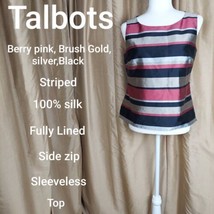 Talbots 100% Silk  Berry Pink , Brush Gold,  Striped Side Zip Lined Top Size 8P - £12.51 GBP