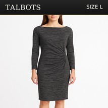 Talbots Ruched Sheath Dress L Long Sleeve Heathered Knit Gray Black Bateau - $685.83 MXN