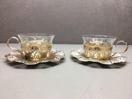 Pair of Vintage Aluminum? Stamped Saucers and Cup Holders with Glass Ins... - $44.54