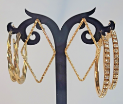 Vintage Lot of 3 Earrings Gold Tone Rhinestones Diamond Hoop Posts - £4.85 GBP