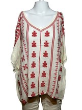 By Together Shirt Women&#39;s Large Red &amp; White Embroidery Bohemian Topper Casual - £13.03 GBP