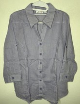 Denim &amp; Co. Roll Sleeve Button Front Check Woven Shirt Purple Size Medium - $24.99