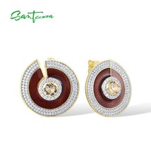 925 Sterling Silver Stud Earrings For Women Brown/Red Circle Yellow Glass White  - £70.39 GBP