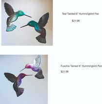 Hummingbird Pairs (2 Sets) - Metal Wall Art - Teal &amp; Fuchsia Tainted 6&quot; x 6&quot; - £41.75 GBP