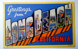Greetings From Long Beach California Large Letter Linen Postcard Curt Teich 1949 - £8.37 GBP