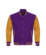 Letterman Varsity Bomber Baseball Jacket Purple Body &amp; Gold Leather Sleeves - £89.85 GBP