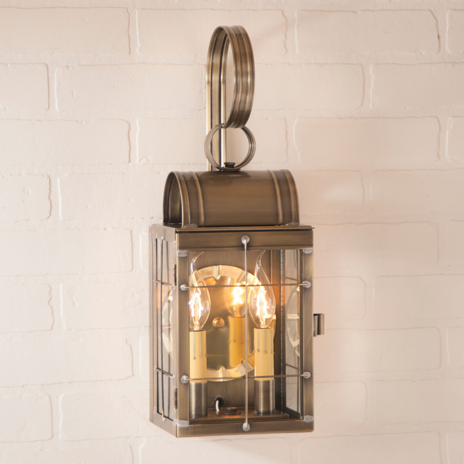DOUBLE COLONIAL WALL LANTERN Weathered Brass Dual Candle Sconce Handcraf... - $354.95