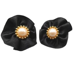 Vintage Elegant Stud Earrings Faux Imitation Pearls Black Textile Floral Design  - £7.02 GBP