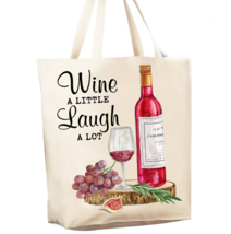 Reusable Grocery Shopping Cotton Canvas Bag, Wine Lover Laugh Alot 12 oz... - $17.77