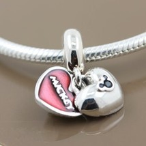 925 Sterling Silver Disney Mickey &amp; Minnie Heart Dangle Charm with Red Enamel  - £15.20 GBP