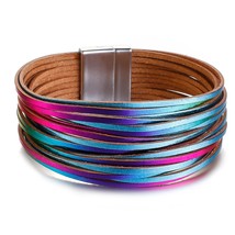 Amorcome Shiny Iridescent Magnetic Buckle Bracelet for Women Fashion Leather Wra - £9.41 GBP